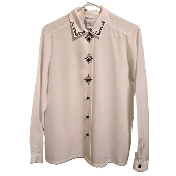 Koret Vintage Button Down Blouse, White w/ Black Embroidered Trim Women's 10 - Picture 1 of 4